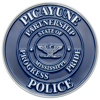 Circular blue and silver challenge coin for Picayune Police Partnership, State of Mississippi, featuring an eagle emblem and concentric text rings.