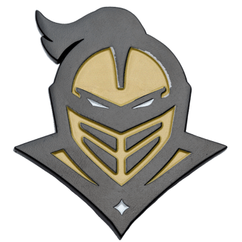 Black and gold knight helmet lapel pin with white eyes and stylized visor.