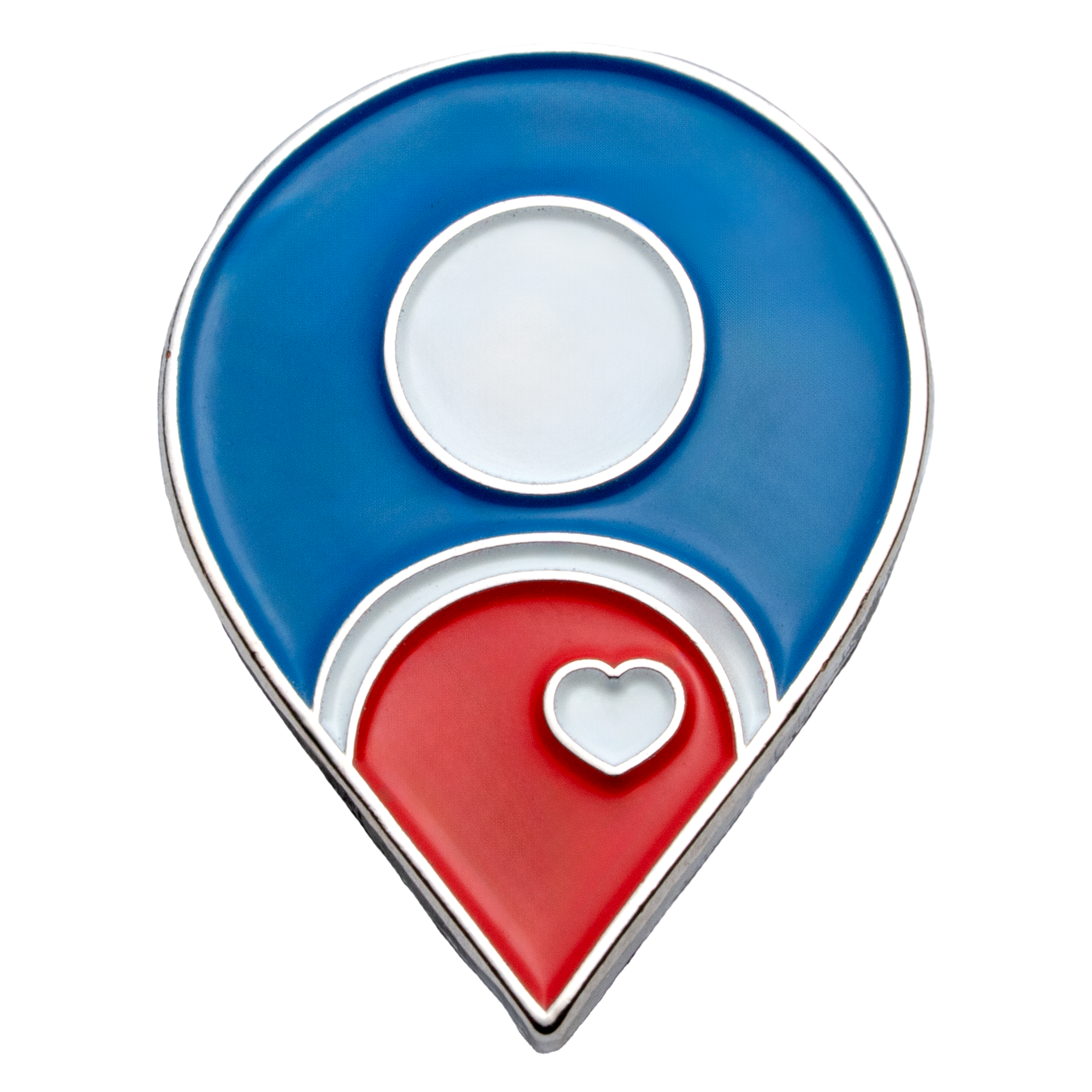 Map pin shaped lapel pin with blue, red, and white enamel and a small silver heart detail.