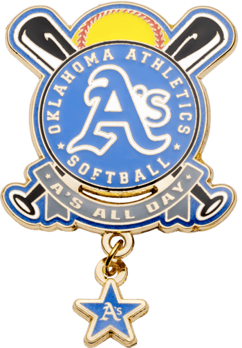 Oklahoma Athletics Softball lapel pin with crossed bats, yellow ball, dangling blue star, and A's logo.