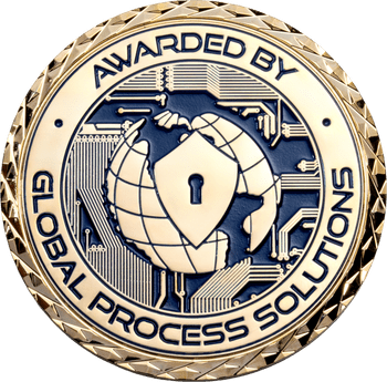Gold challenge coin featuring a globe, keyhole shield, and circuit board pattern, inscribed Awarded by Global Process Solutions.