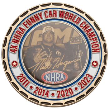 Circular coin featuring Matt Hagan, 4X NHRA Funny Car World Champion, with years 2011, 2014, 2020, and 2023.