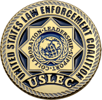 United States Law Enforcement Coalition USLEC gold and blue challenge coin with rope border and central star emblem.