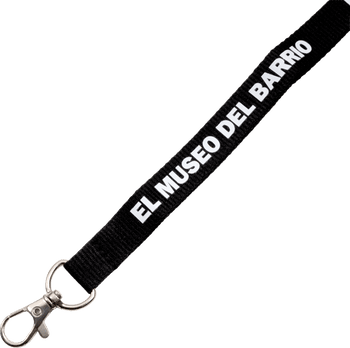 Black woven lanyard featuring EL MUSEO DEL BARRIO in bold white text with a metal lobster claw clip attachment.