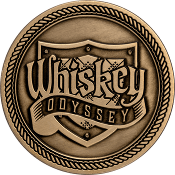 Antique bronze challenge coin featuring a shield emblem with Whiskey Odyssey embossed text and a twisted rope border.