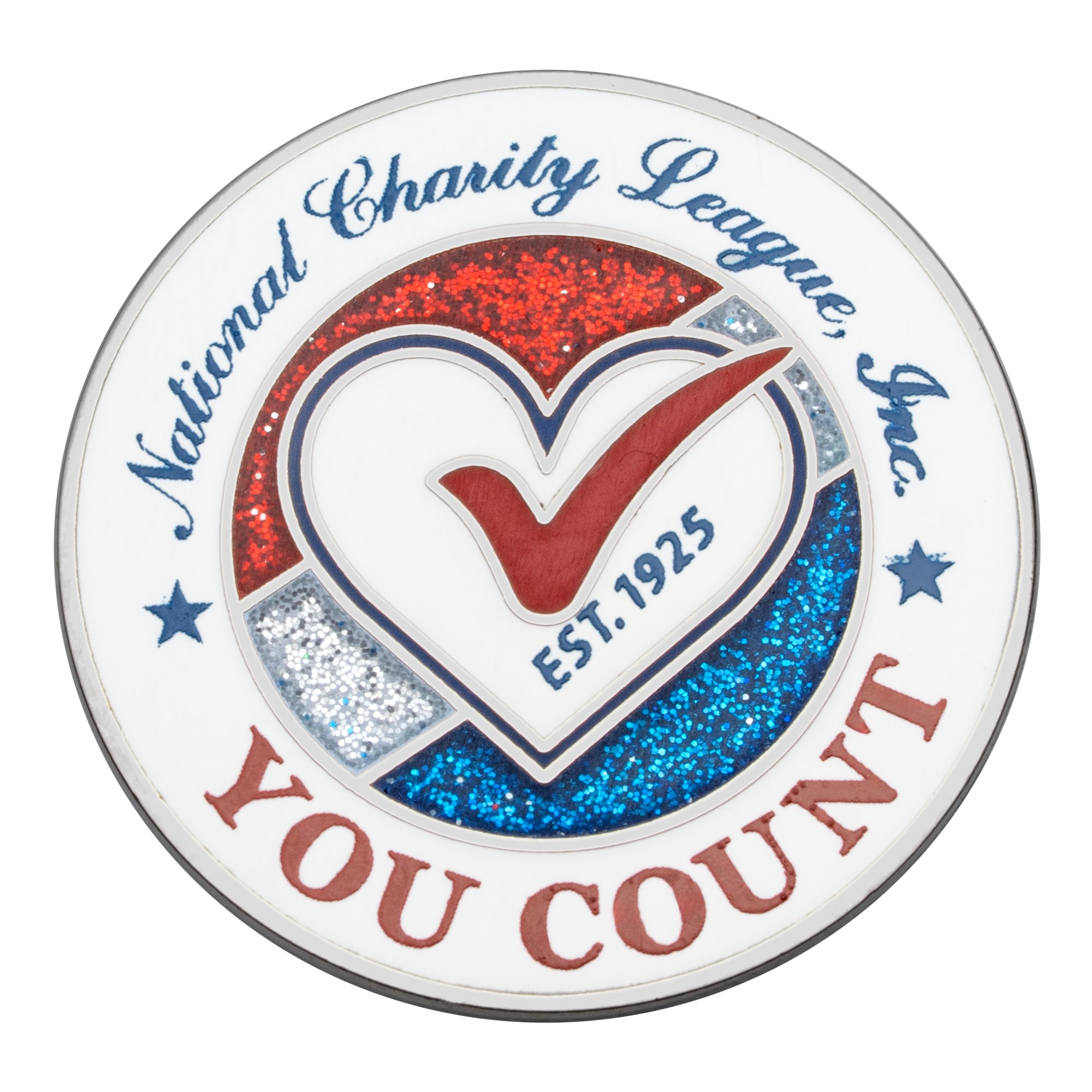 Circular challenge coin for National Charity League, Inc. featuring a heart and checkmark with red, white, and blue glitter accents and 'You Count' text.