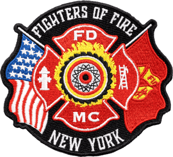 Fighters of Fire New York embroidered patch featuring a red Maltese cross, American flag, and firefighter emblem.