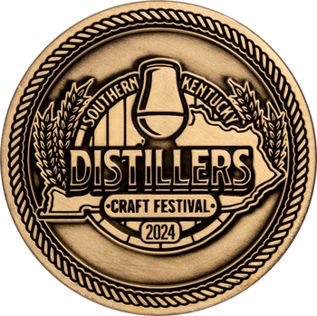 Antique bronze challenge coin for the Southern Kentucky Distillers Craft Festival 2024 featuring a whiskey glass, barrel, and wheat.