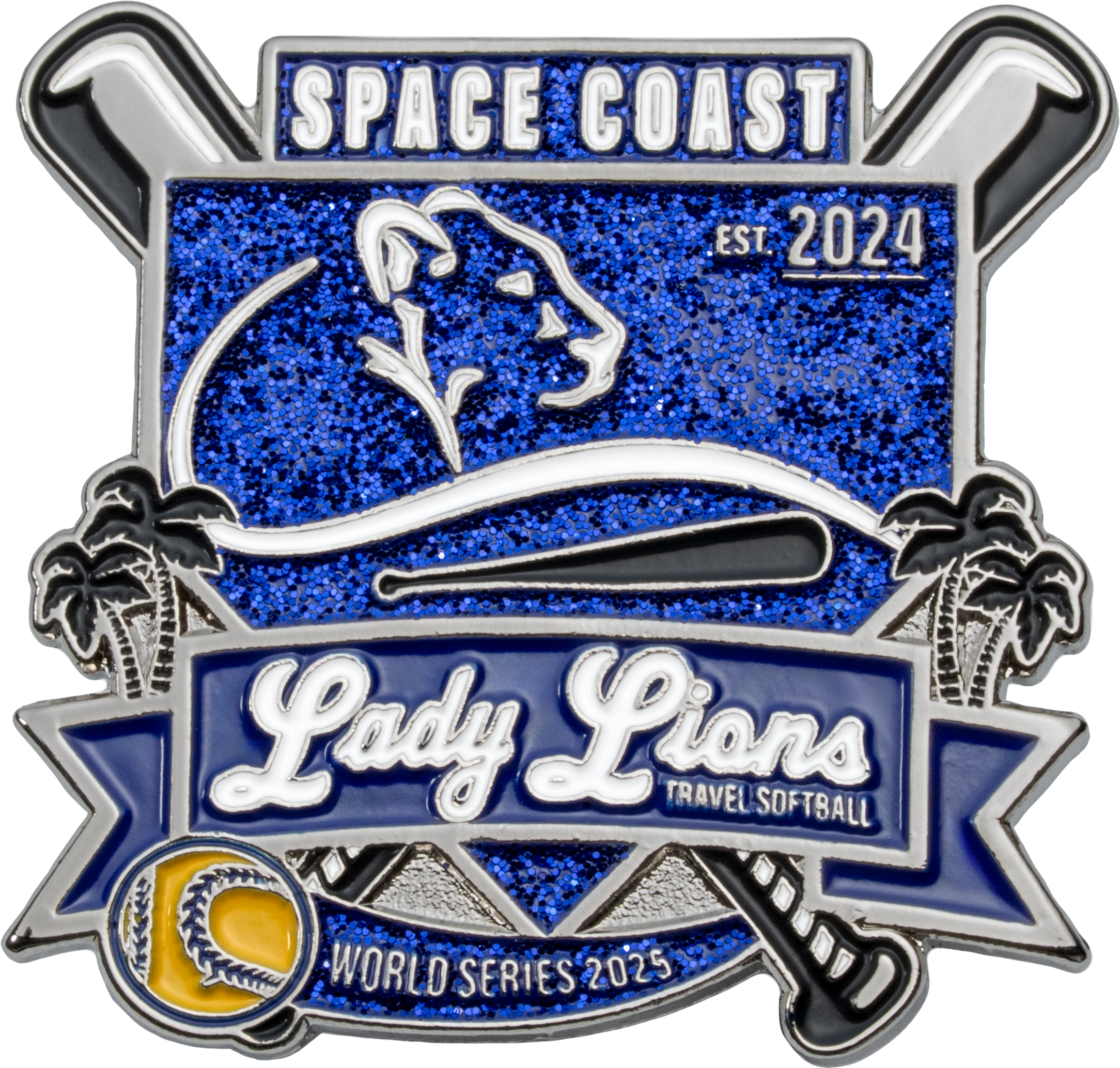 Space Coast Lady Lions travel softball trading lapel pin featuring a lion head, palm trees, and blue glitter background.