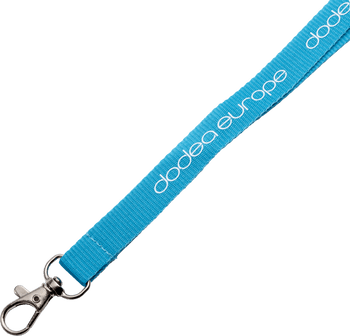 Bright blue custom lanyard printed with white dodea europe text and a metal lobster claw clip.
