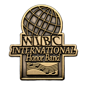Antiqued gold WIBC International Honor Band lapel pin featuring a globe and musical staff design.