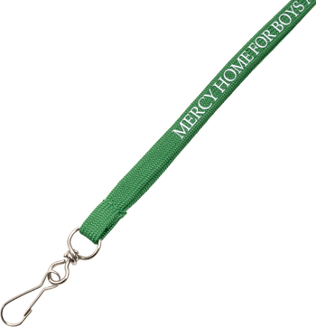 Green woven fabric lanyard with white text reading Mercy Home for Boys and a silver swivel j-hook clip.