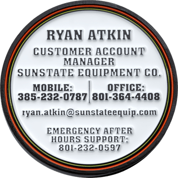 Round business card challenge coin for Sunstate Equipment Co. featuring contact details and an orange and yellow accented border.