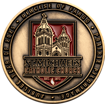 Antique bronze challenge coin featuring St. Michael's Catholic Church for the Diocese of Fargo Prairie Pilgrimage Jubilee Year 2025.