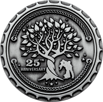 Antique silver challenge coin featuring a detailed tree of life design with 25th Anniversary text, a gear-like border, and rope edge detailing.