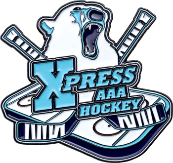 Custom hockey trading lapel pin featuring an angry polar bear with crossed hockey sticks and Xpress AAA Hockey text.