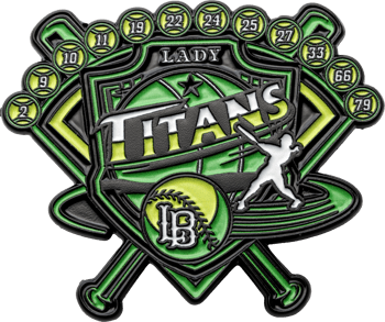 Green and black Lady Titans softball lapel pin featuring a batter silhouette, crossed bats, and player numbers.
