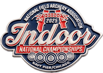National Field Archery Association 2025 Indoor National Championships enamel pin featuring Navy Pier Chicago details and archery targets.