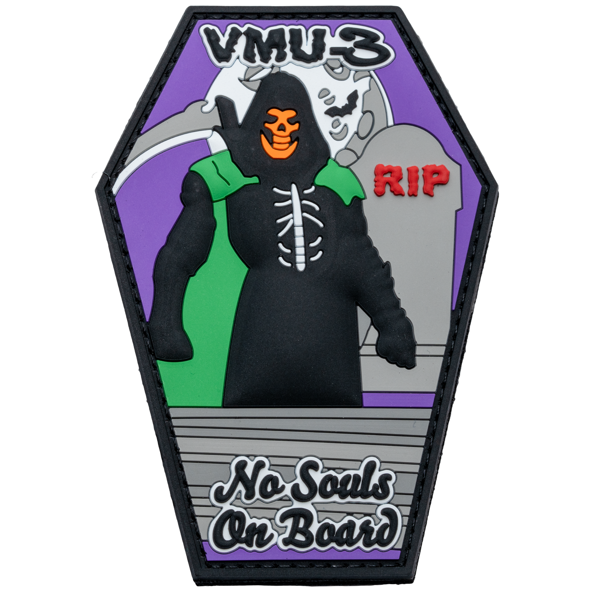 Coffin-shaped PVC patch featuring a grim reaper, RIP headstone, and the text VMU-3 and No Souls On Board.