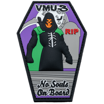 Coffin-shaped PVC patch featuring a grim reaper, RIP headstone, and the text VMU-3 and No Souls On Board.