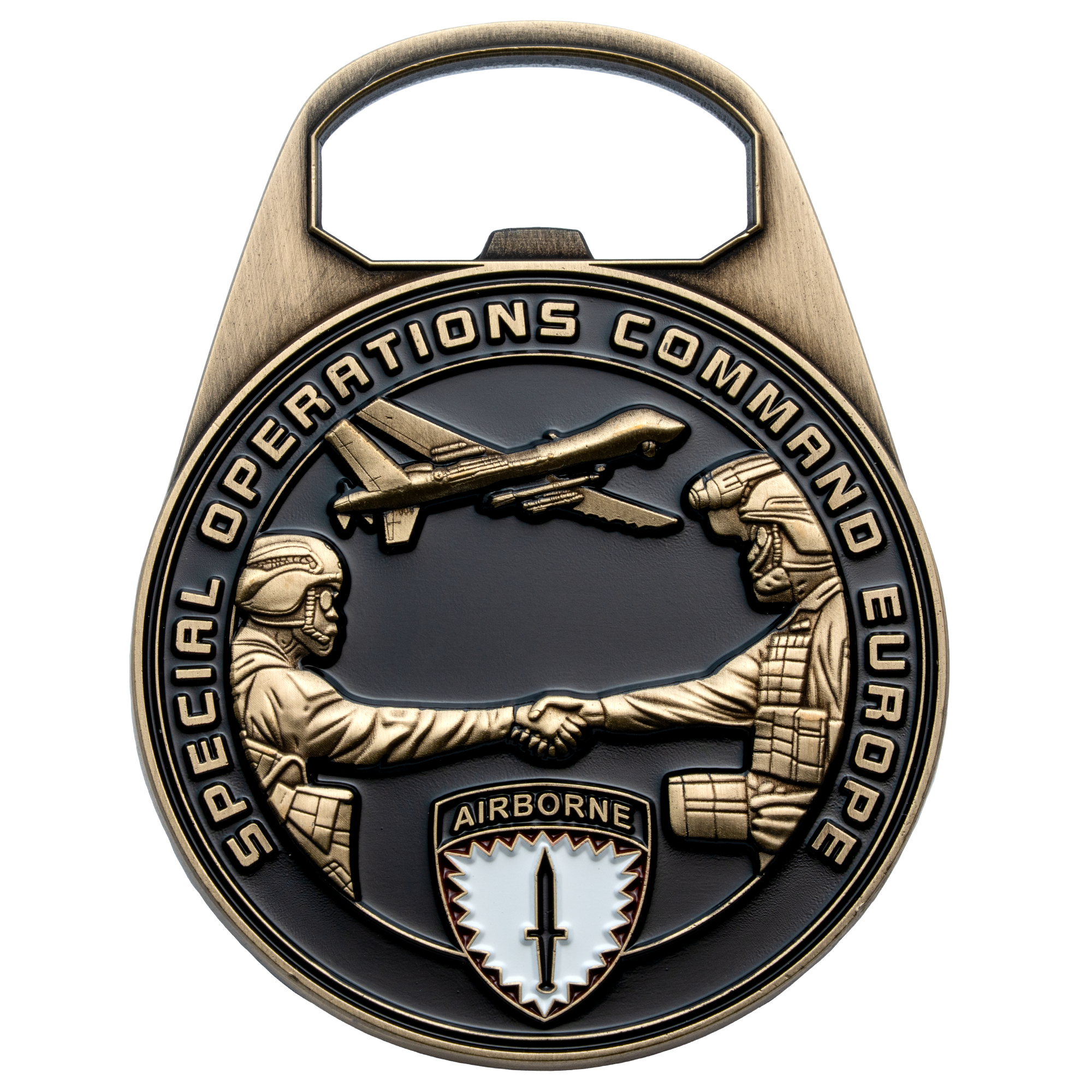 Antique bronze bottle opener challenge coin featuring soldiers shaking hands, a drone, and Special Operations Command Europe text.