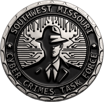Southwest Missouri Cyber Crimes Task Force challenge coin featuring an agent in a fedora over a circuit board background.