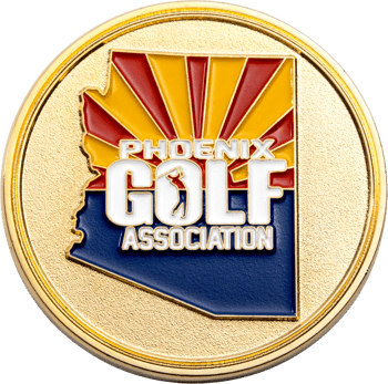 Gold challenge coin featuring the Phoenix Golf Association logo over an Arizona state outline design.