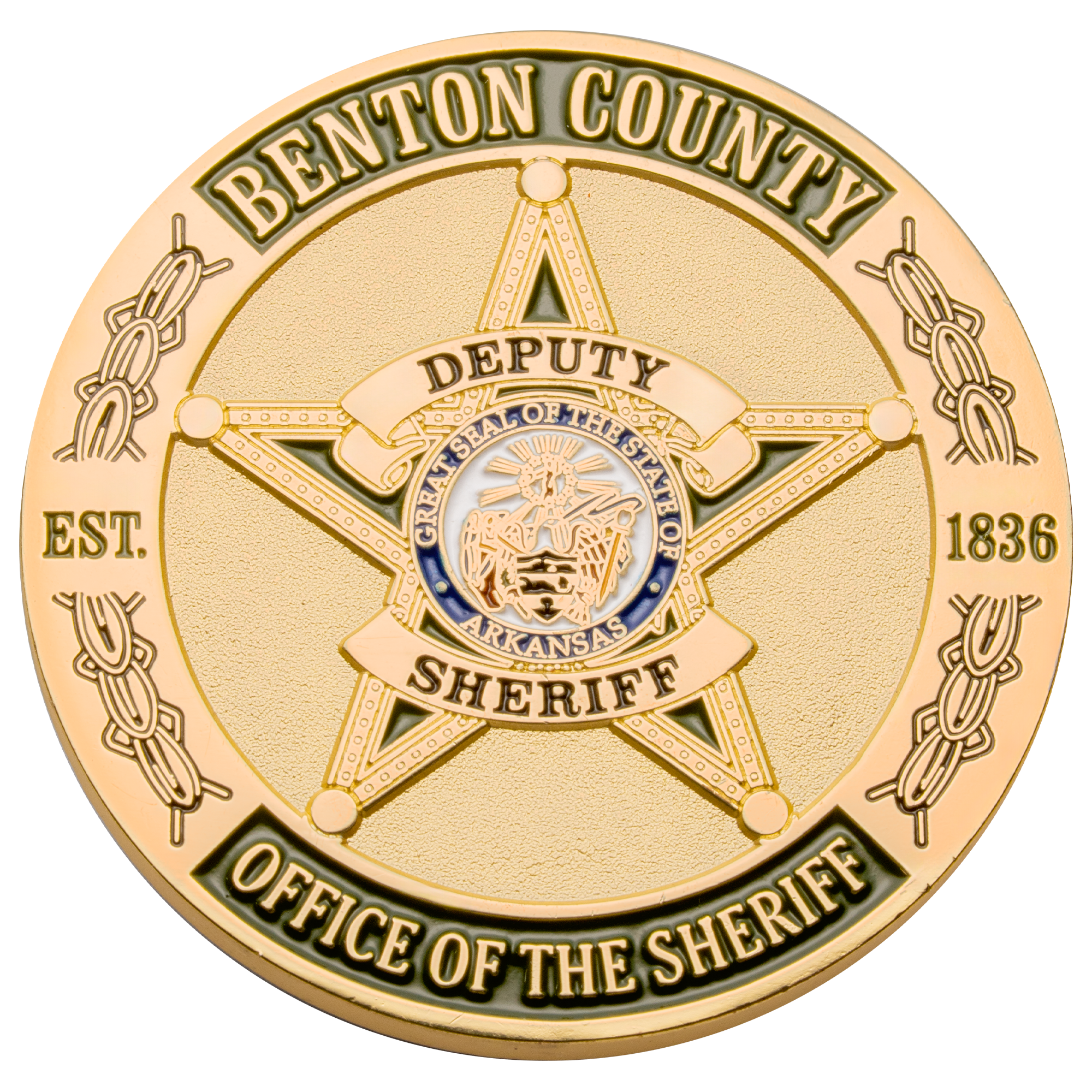 Gold challenge coin featuring a five-pointed star with the Benton County Deputy Sheriff seal and the Great Seal of Arkansas.