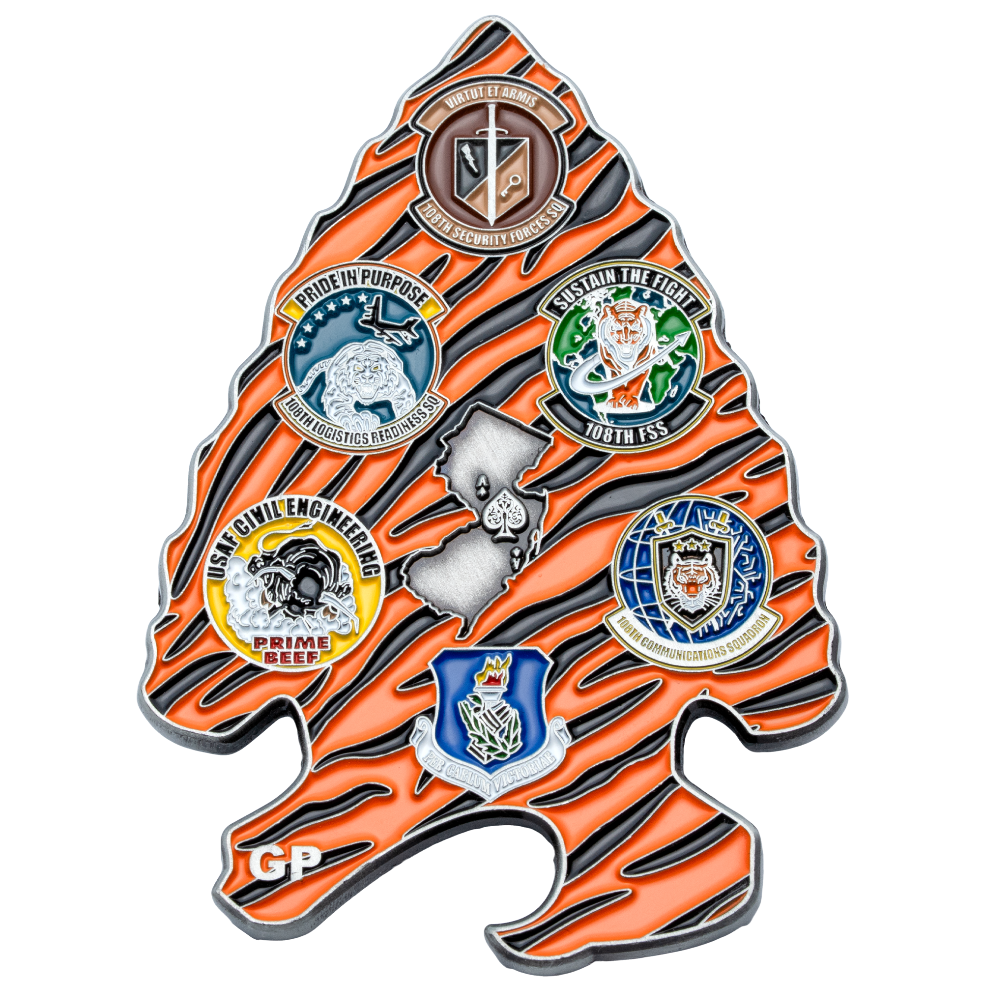 Arrowhead shaped challenge coin with tiger stripe pattern featuring multiple Air National Guard squadron emblems and the state of New Jersey.