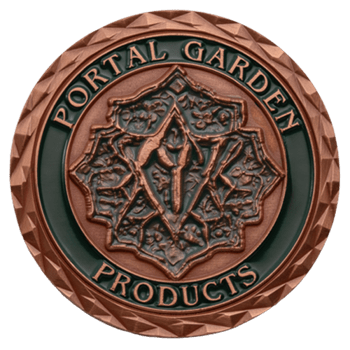 Antique copper challenge coin with Portal Garden Products text, green enamel fill, and a geometric floral center emblem.