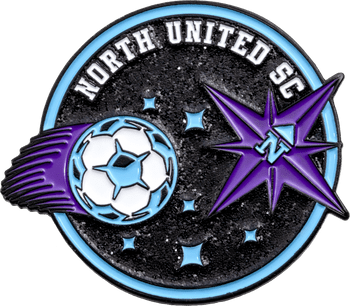 North United SC enamel lapel pin with glitter black background, shooting soccer ball, and purple compass star.