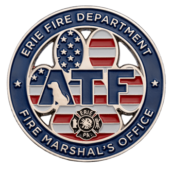 Erie Fire Department Fire Marshal's Office challenge coin with ATF logo, dog silhouette, and American flag motif.