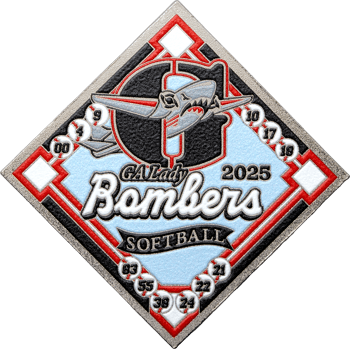 Diamond-shaped GA Lady Bombers 2025 softball trading pin featuring a shark emerging from a letter and baseballs with numbers along the baseline.