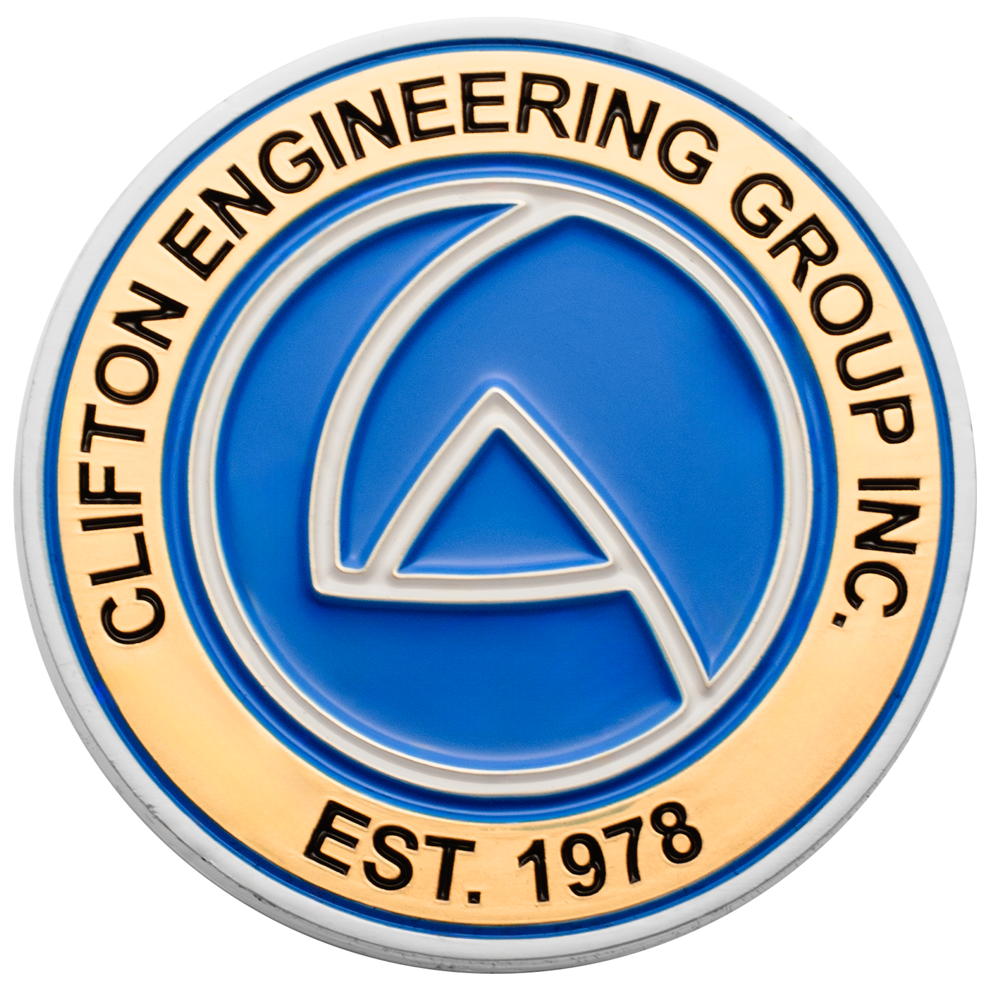 Circular challenge coin for Clifton Engineering Group Inc. with blue enamel center and gold border.