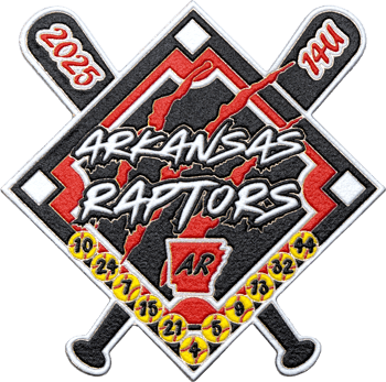 Arkansas Raptors baseball themed lapel pin featuring a home plate design with crossed bats, softballs, 2025, 14U, and a red state map cutout.