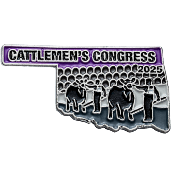 Oklahoma shaped lapel pin featuring Cattlemen's Congress 2025 text with cattle and handler silhouettes on a purple and grey background.
