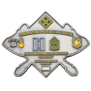 Antique silver challenge coin shaped like crossed bayonets with military rank insignia and 4th Infantry Division logos.