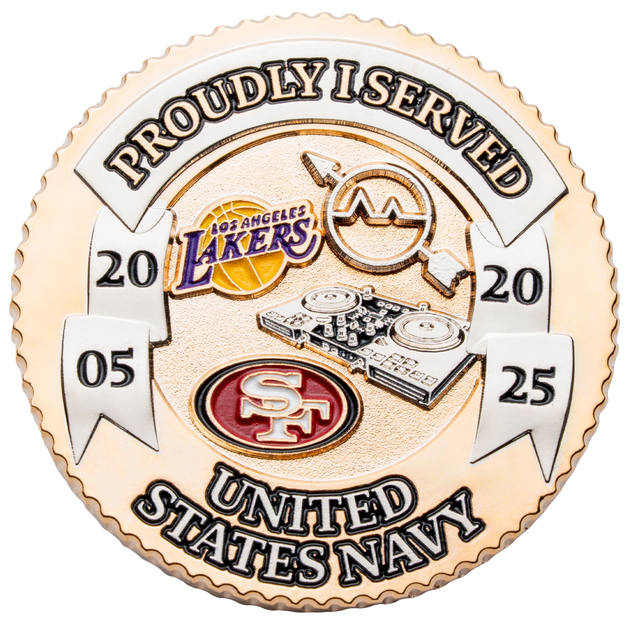 Gold and silver challenge coin featuring the United States Navy, Los Angeles Lakers, San Francisco 49ers, and a DJ turntable design.
