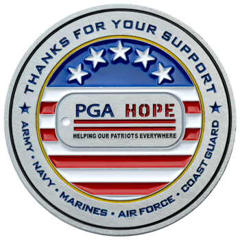 Circular challenge coin featuring PGA HOPE logo with red, white, and blue stars and stripes, honoring military branches.