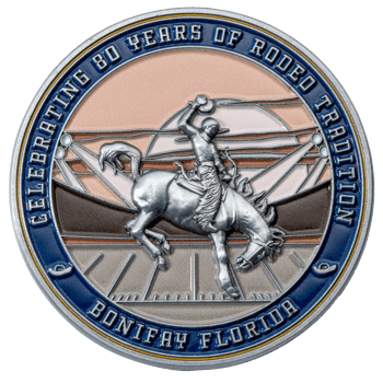 Circular silver-toned challenge coin featuring a bronc rider on a bucking horse with 'Bonifay Florida' and 'Celebrating 80 Years of Rodeo Tradition' text.