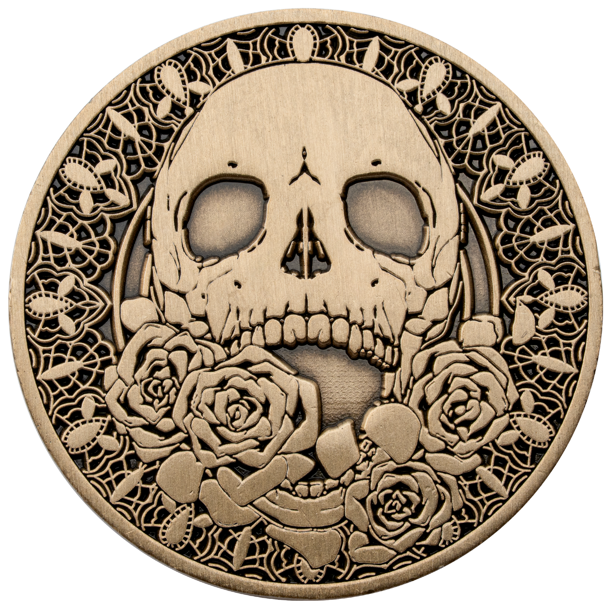 Antiqued gold challenge coin featuring a central skull surrounded by roses and an intricate lace-style cutout border.