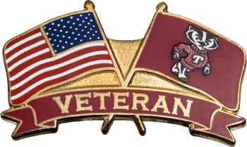 Enamel lapel pin featuring crossed flags of the American flag and a maroon badger flag with a Veteran banner below.