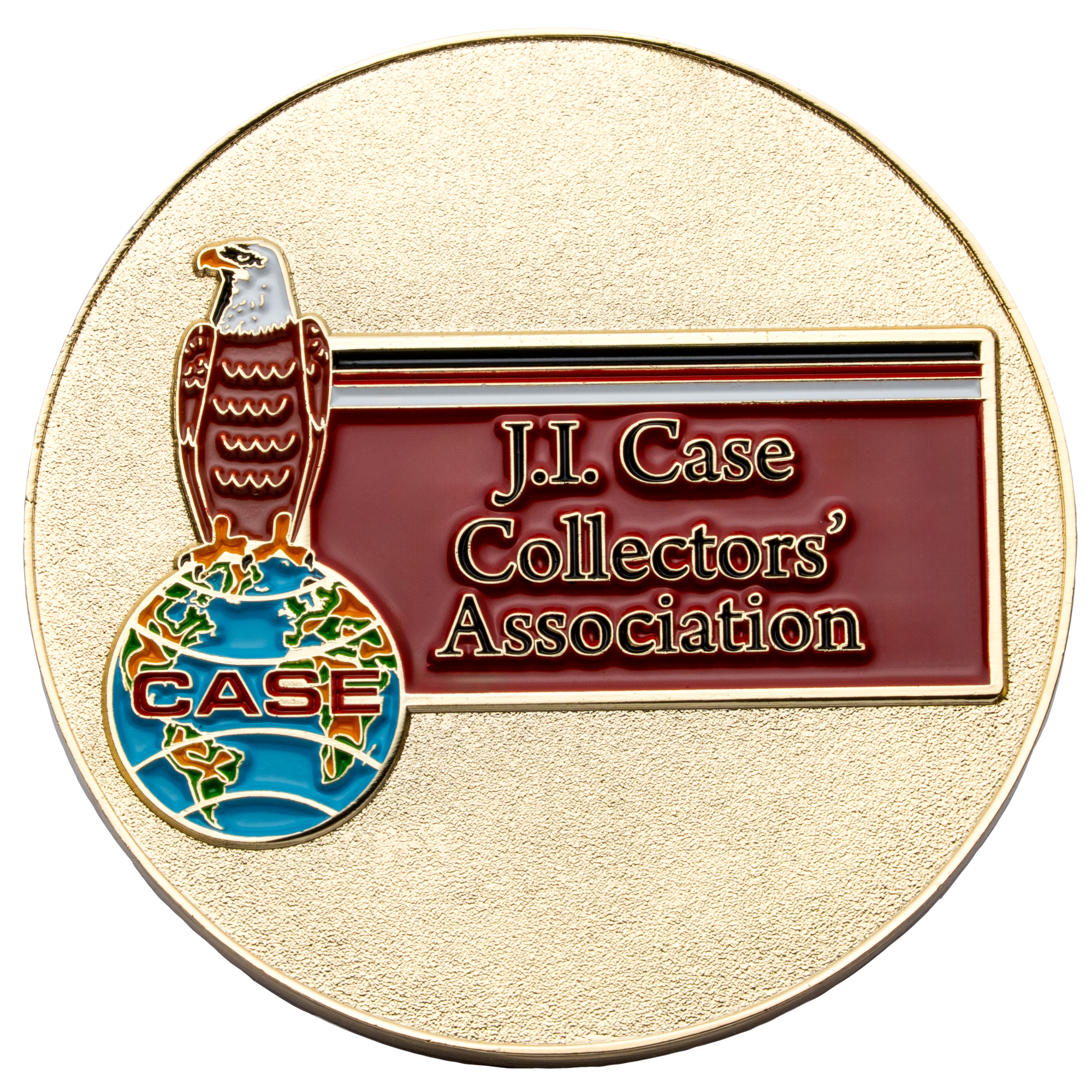 Gold challenge coin featuring the J.I. Case Collectors' Association logo with an eagle perched on a globe.