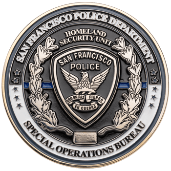 San Francisco Police Department Special Operations Bureau challenge coin featuring a central eagle shield, laurel wreath, and blue line.