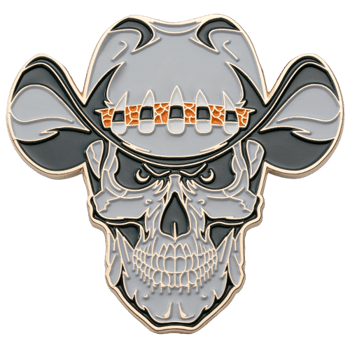 challenge coin featuring a grey and black skull wearing a cowboy hat with an orange patterned band.