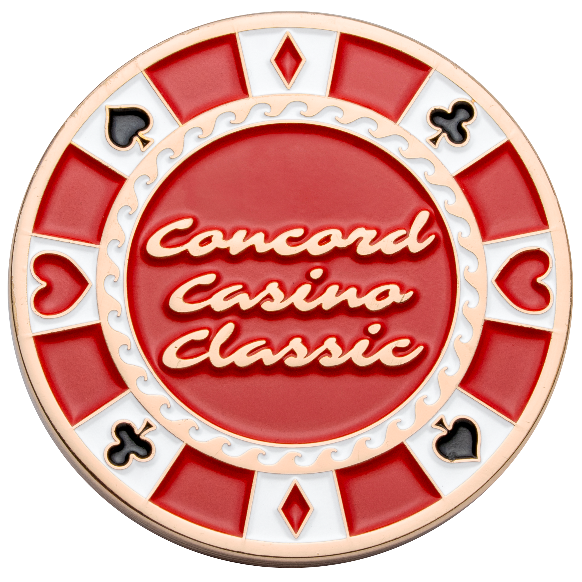 Red and white poker chip style challenge coin featuring Concord Casino Classic text and card suit symbols.