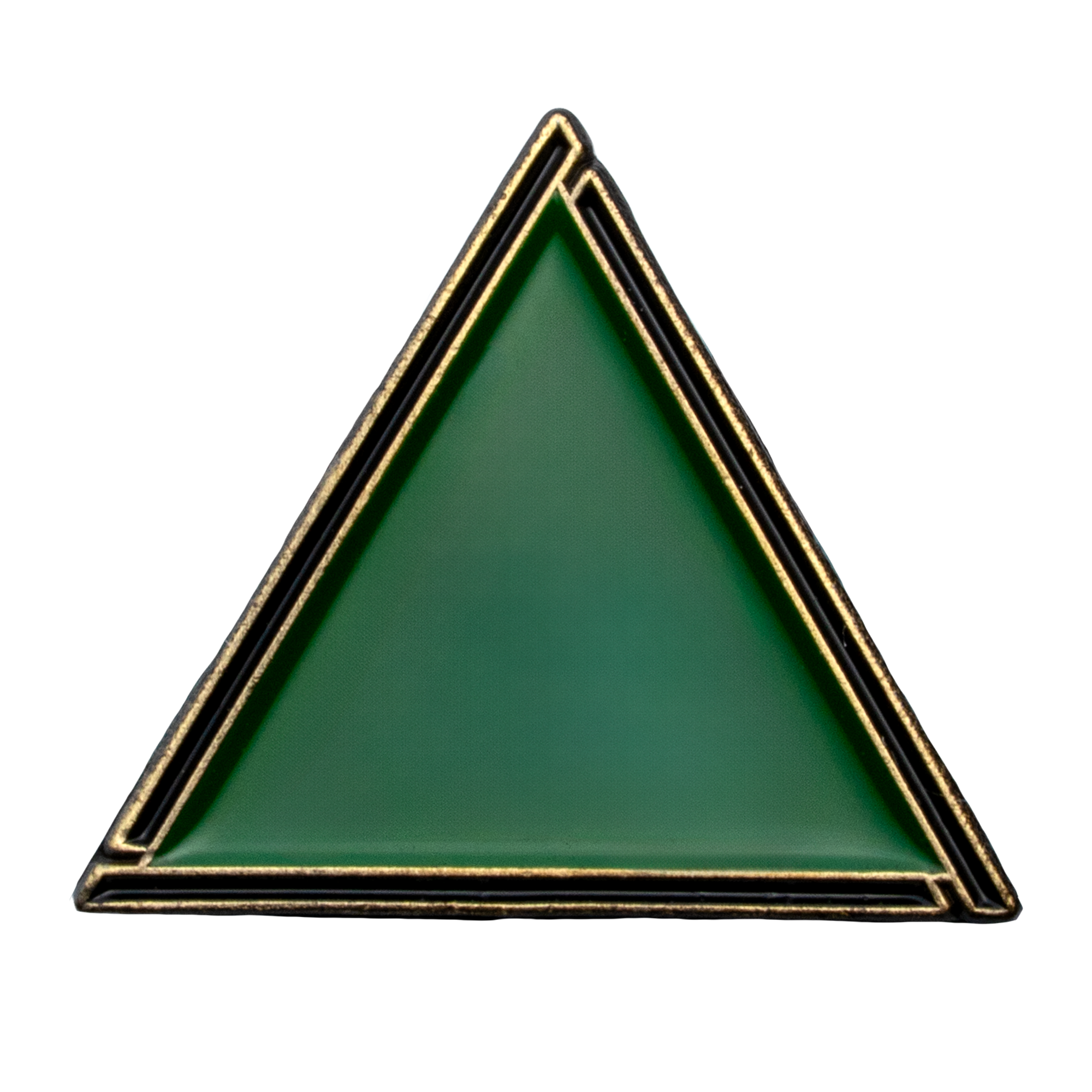 Triangular lapel pin with green enamel fill and antique gold finish metal borders.