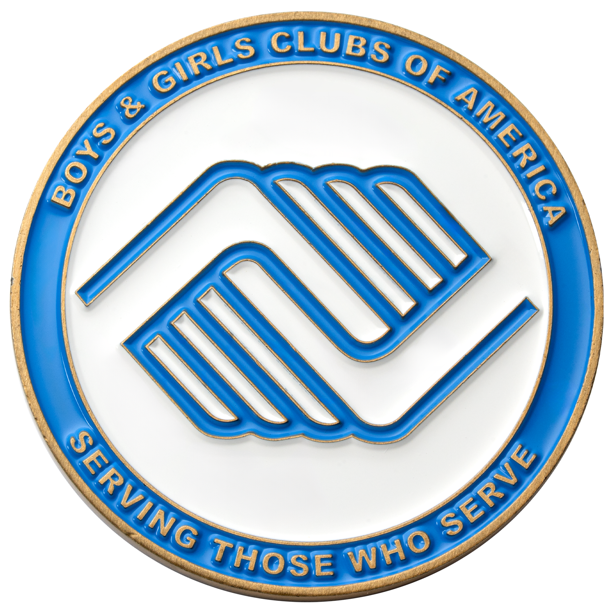 Circular Boys & Girls Clubs of America challenge coin with blue and white enamel and a gold border.