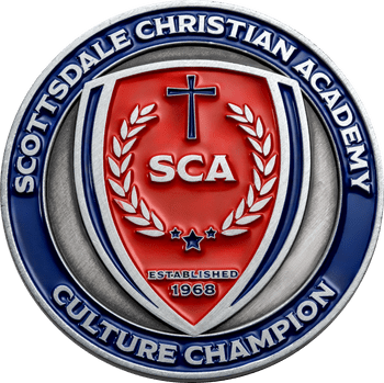 Scottsdale Christian Academy Culture Champion challenge coin featuring a red crest with a cross, laurel wreath, and SCA text in silver and blue enamel.