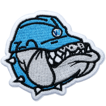 Embroidered patch featuring a snarling bulldog wearing a blue hard hat with a 'W' logo and a spiked collar.